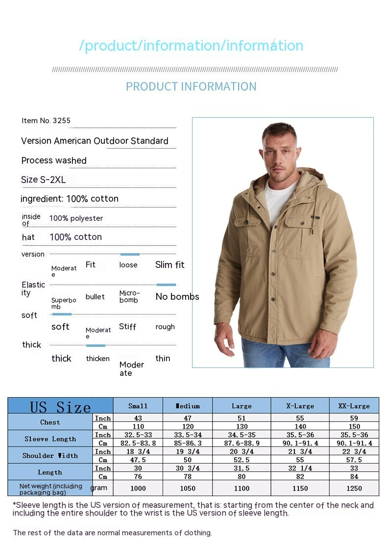 Fleece-lined Solid Color Jacket Casual Long Sleeve Shirt Fall Winter Hooded Berber Fleece Coat