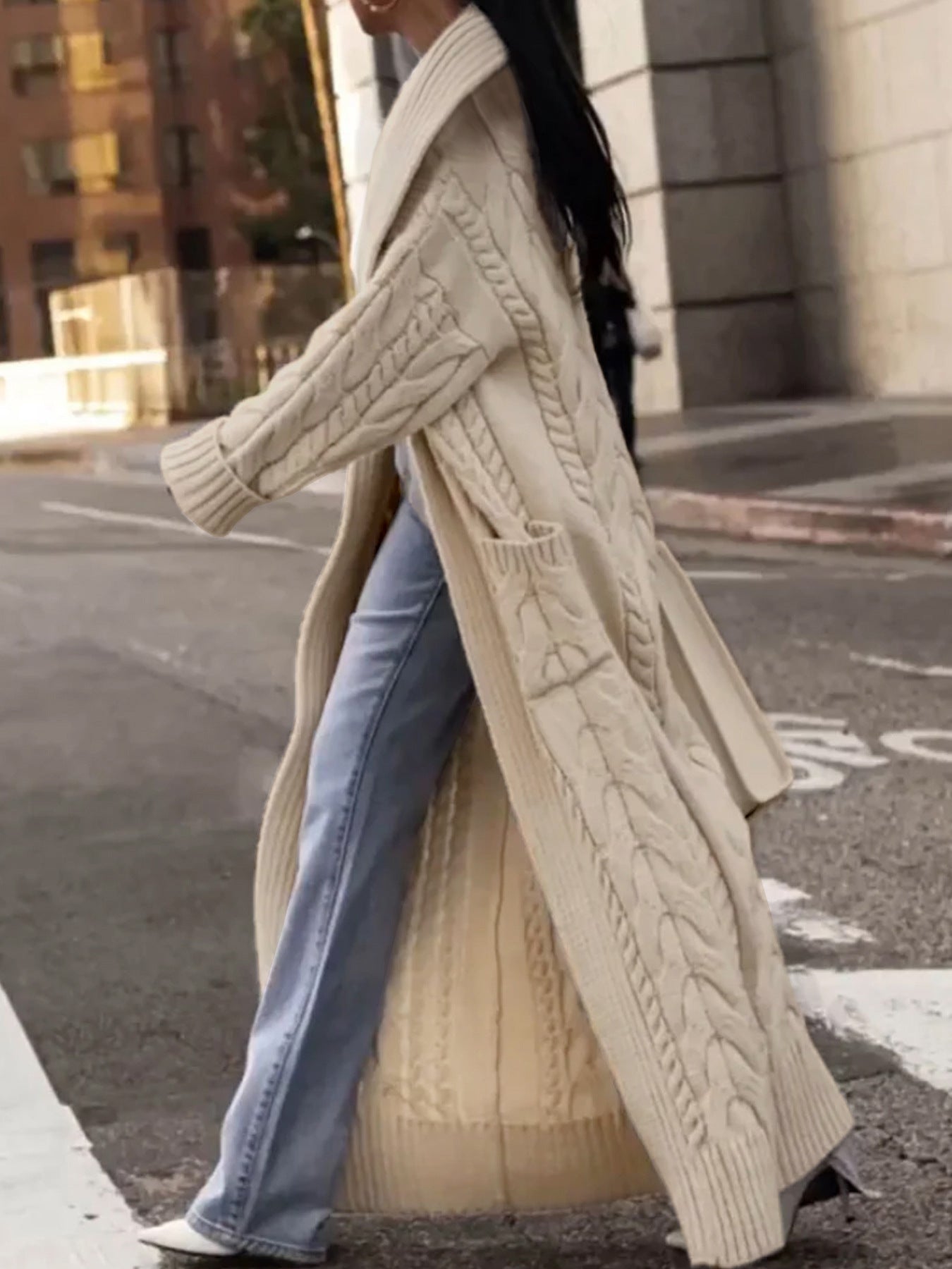 Women's Solid Color Thick Hemp Flowers Large Lapel Long Cardigan Sweater Coat