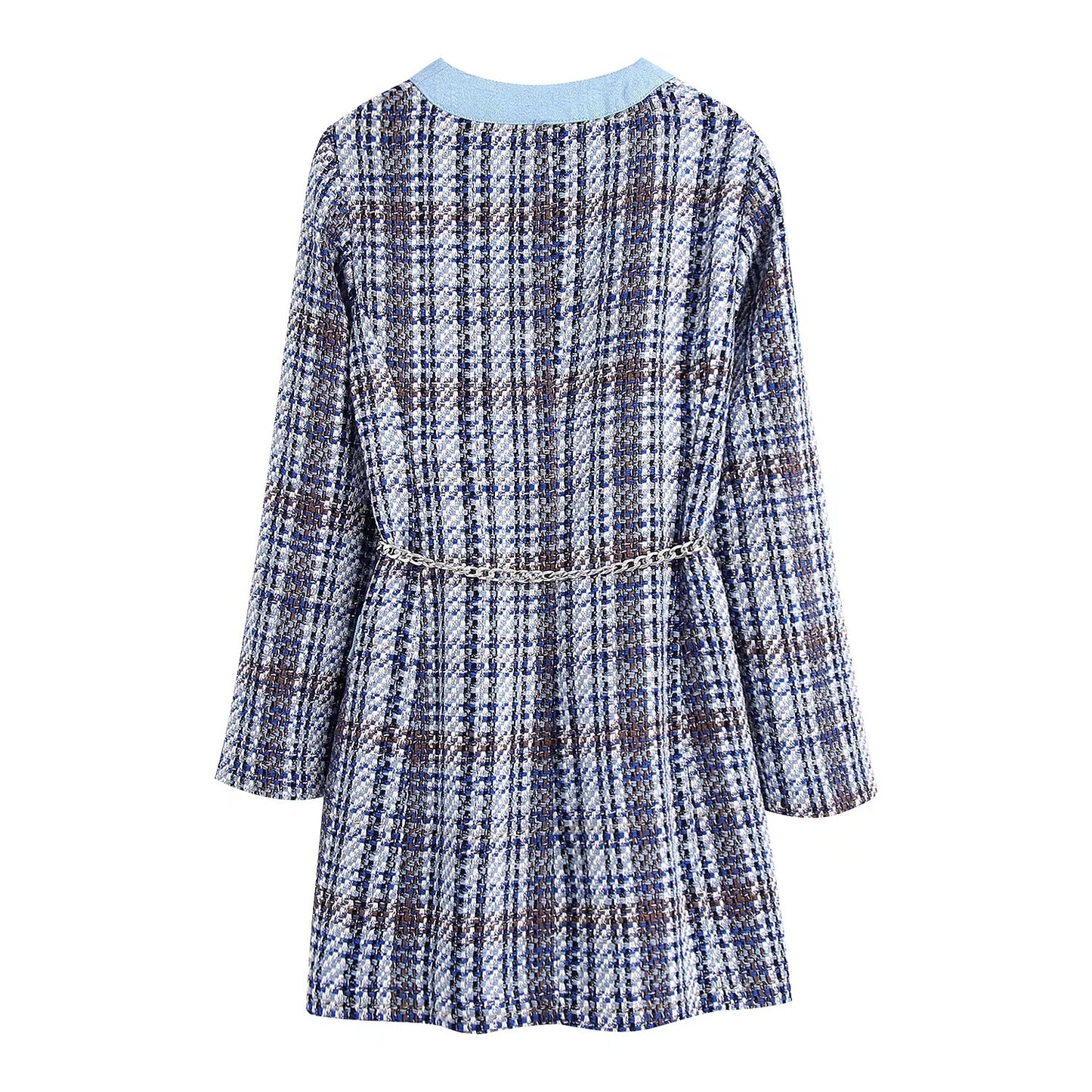 V-neck Duffle Check And Receive Waist Mid-length Coat