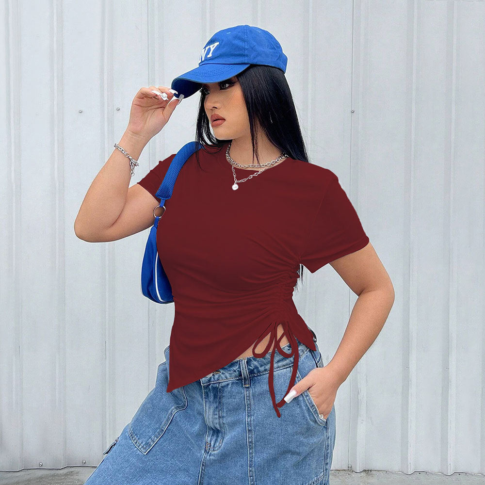 Simple Style Round Neck T-shirt Slim Fit Solid Color Top