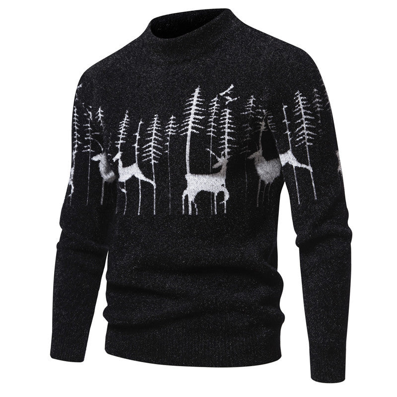 Herre striktrøje til efterår/vinter, slim underdel, trendy rundhalset pullover med julehjorteprint