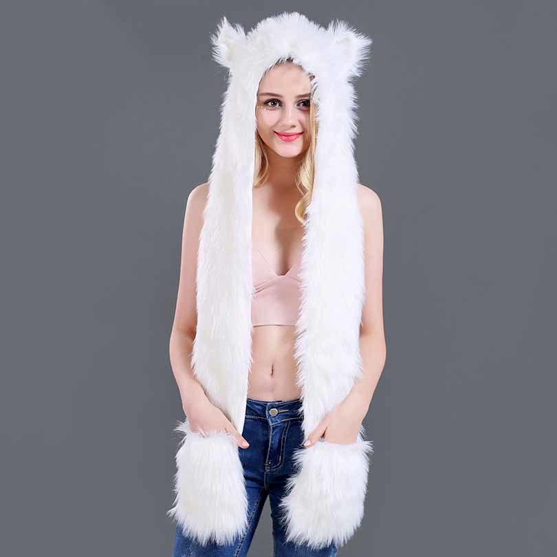 Faux Fur Strå Tegneserie Dyrehat Tørklæde Handsker Én