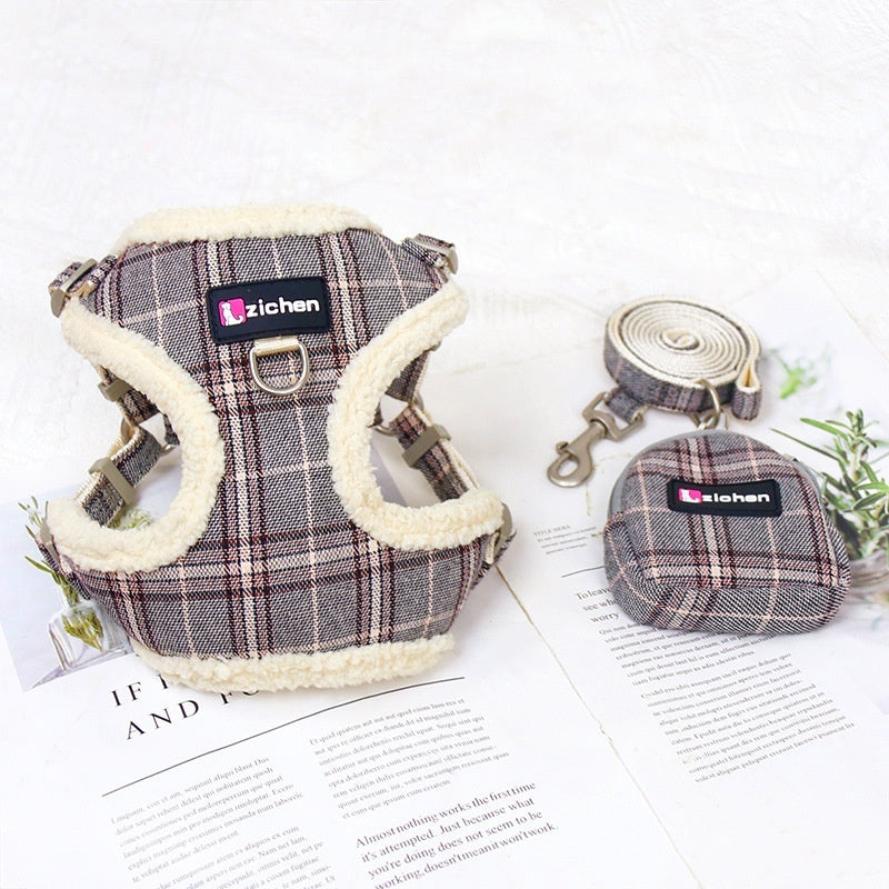 Dog Leash Vest With Plaid And Fleece Lining