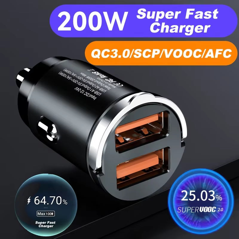 Car 100-200W Dual Port Mini USB Charger Ultra Fast Charging Cigarette Lighter Socket 12-24V Aluminum Cell Phone Charging Adapter