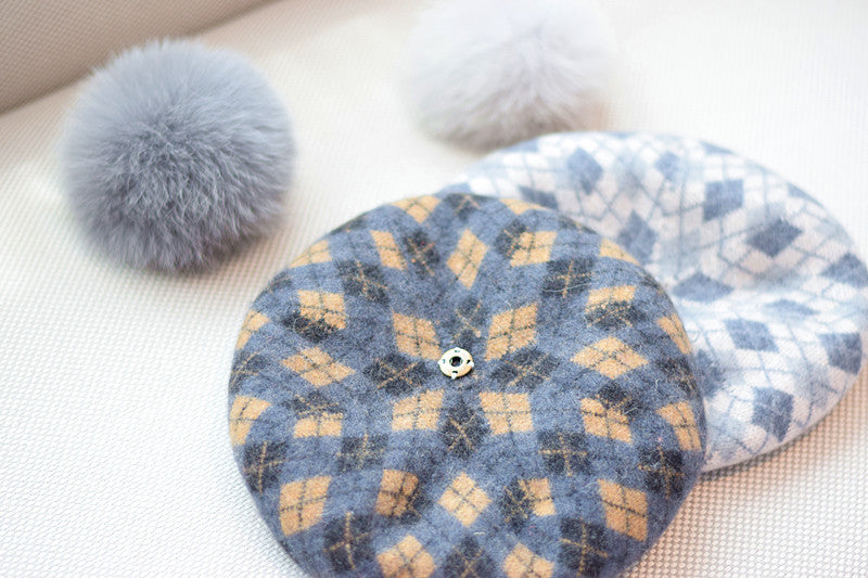 Women's Autumn And Winter Check Fur Ball Wool Beret