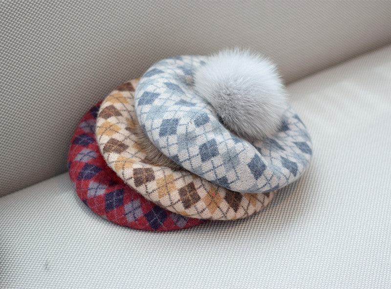 Women's Autumn And Winter Check Fur Ball Wool Beret