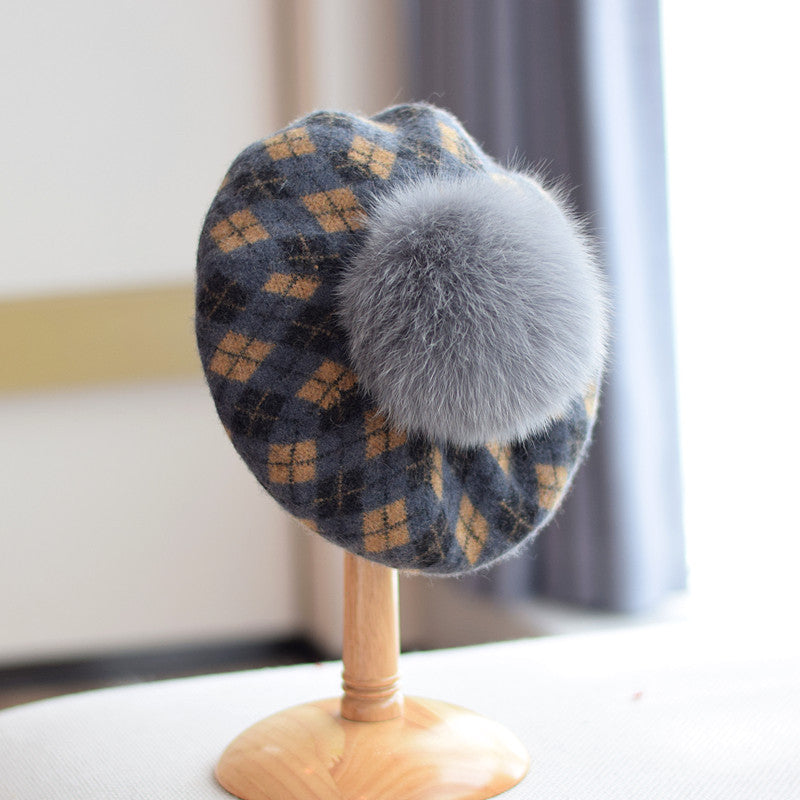 Women's Autumn And Winter Check Fur Ball Wool Beret