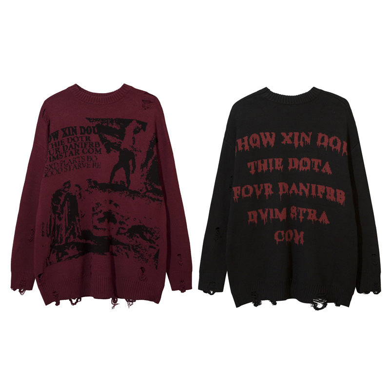 American Street Retro Graffiti Character Brocade Sweater