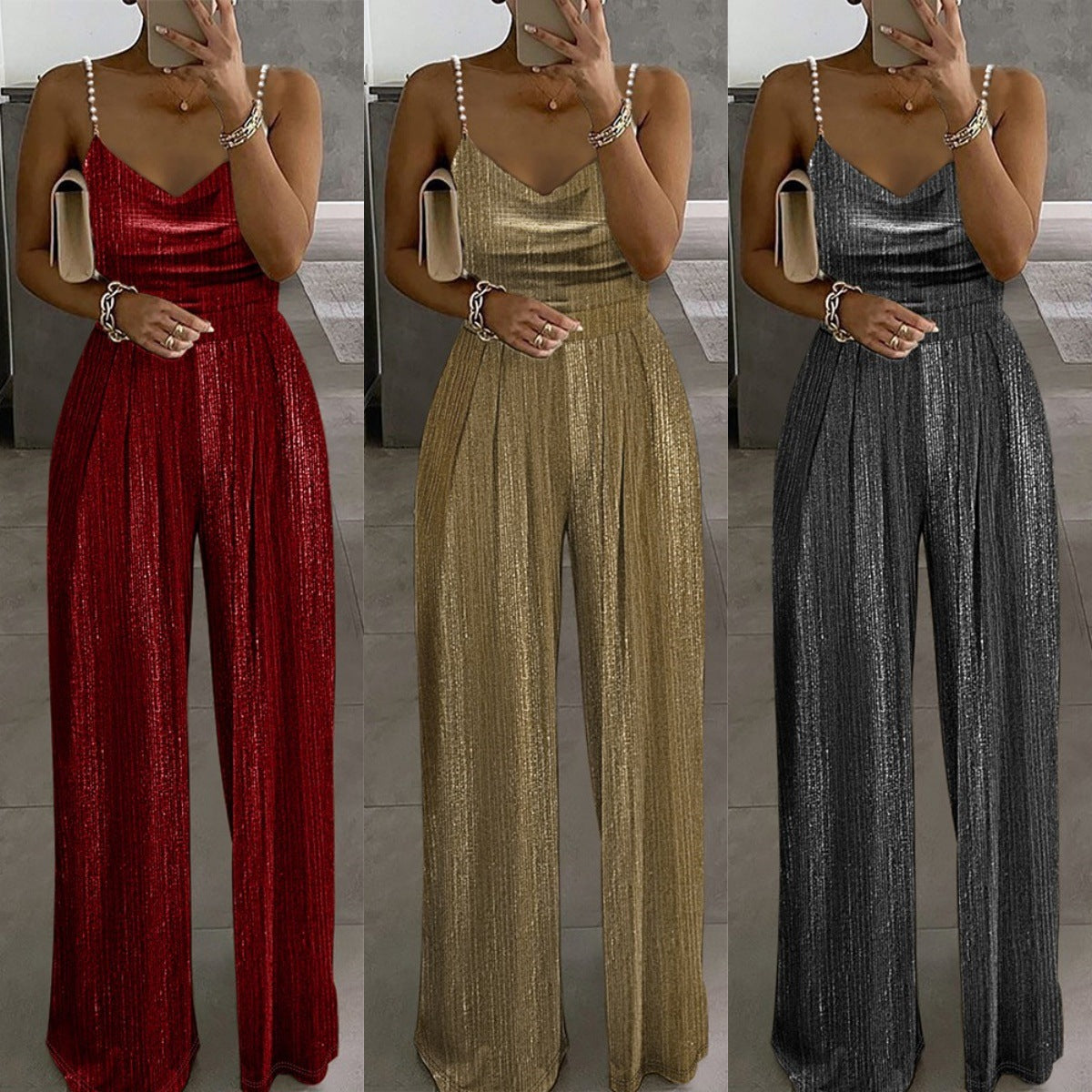 Off-the-shoulder Beaded Pleated Jumpsuit Women's Street