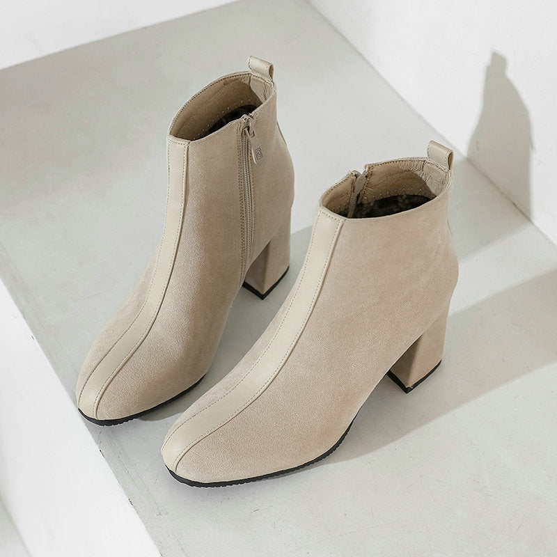 Women's Suede Martin Boots With Square Toe Block Heel
