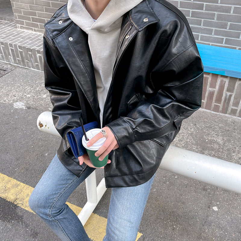 Men's Autumn And Winter Thickening Trendy Loose Rewear Leather Jacket