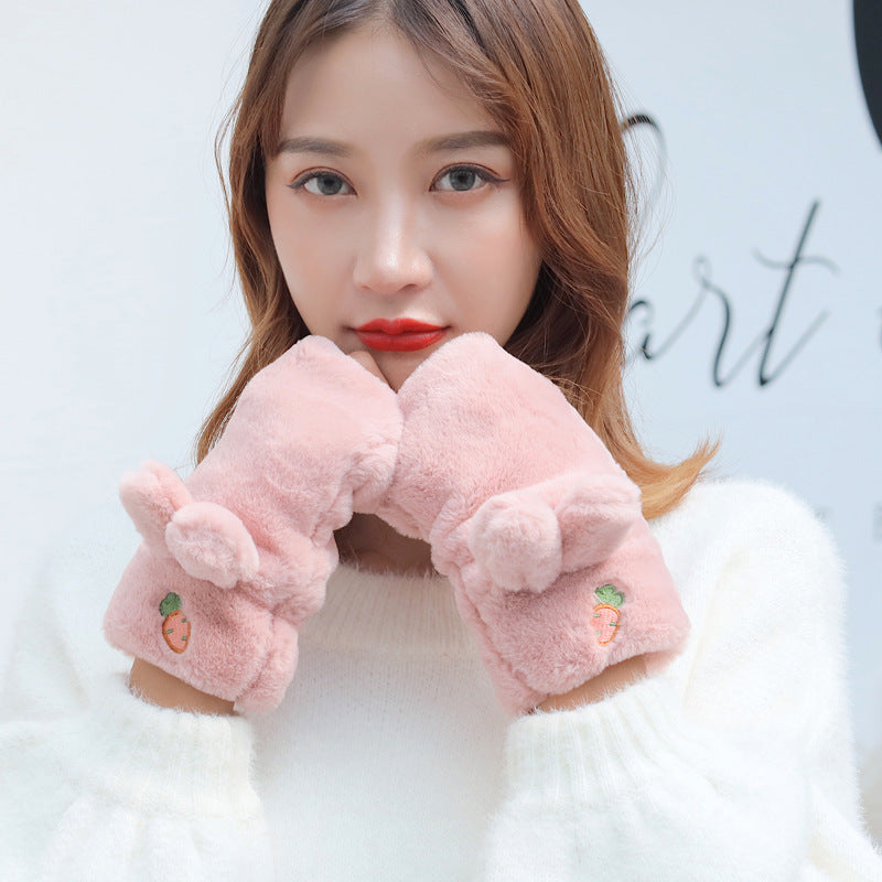 Gloves autumn and winter female cute Japanese fingerless half finger plush