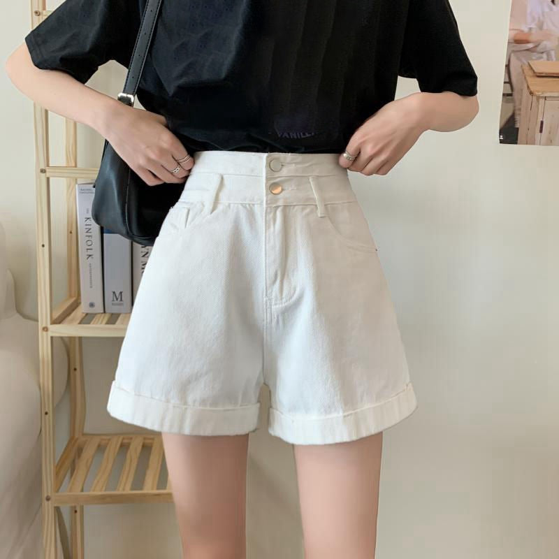 Two-button High Waist Denim Shorts Women's Wide Leg Curling A- Line Hot Pants Tide