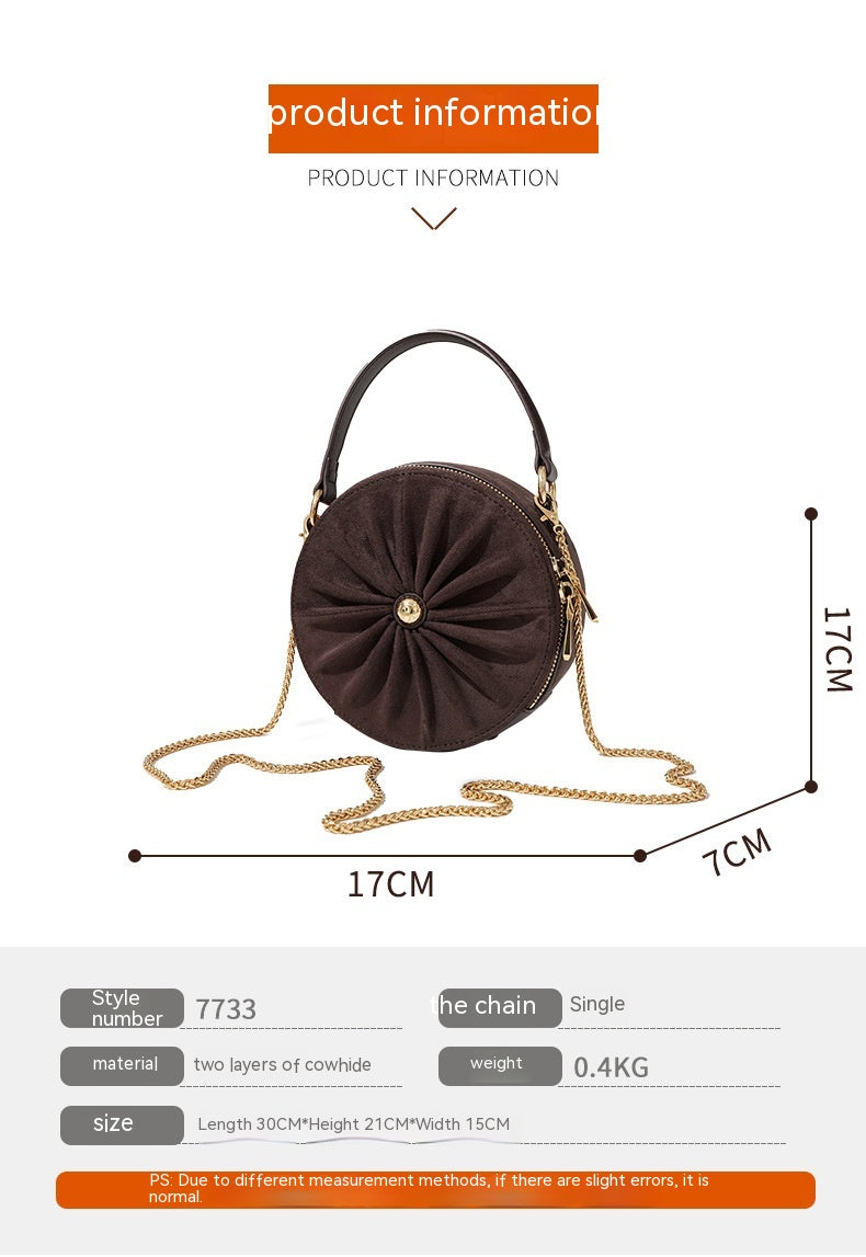 Style Round Pie Bag Genuine Leather Bag Metal Chain