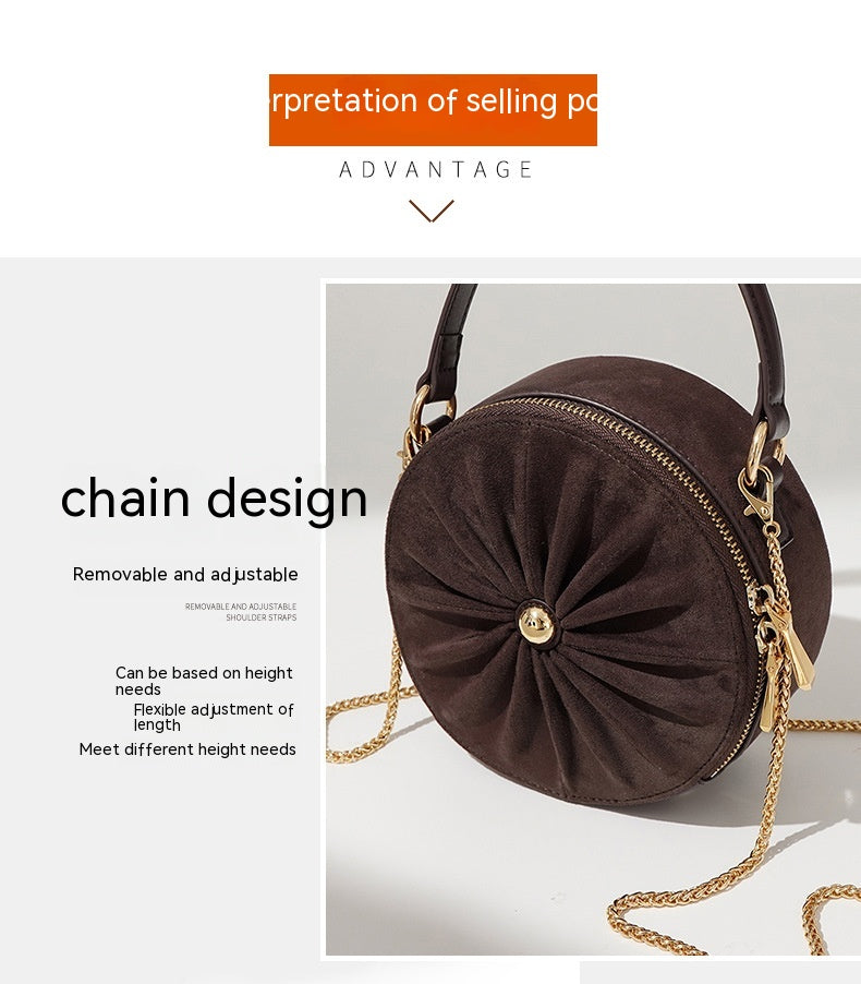 Style Round Pie Bag Genuine Leather Bag Metal Chain