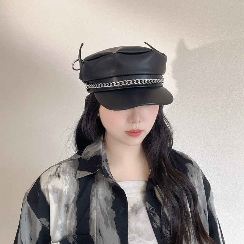 Chain Dog Ears Peaked Cap Female Autumn And Winter PU