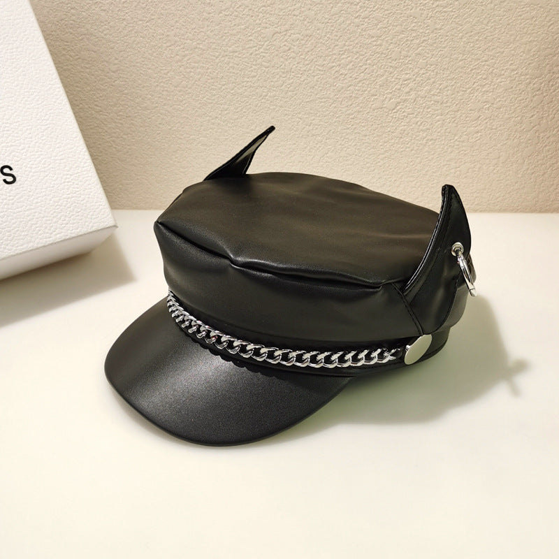 Chain Dog Ears Peaked Cap Female Autumn And Winter PU