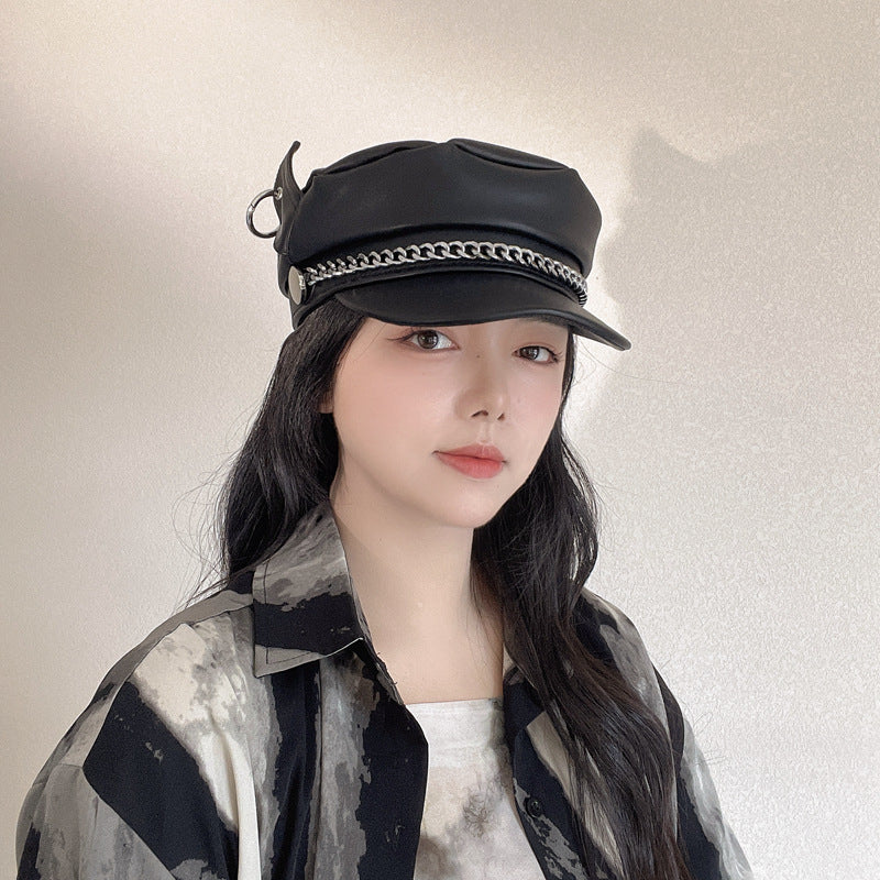Chain Dog Ears Peaked Cap Female Autumn And Winter PU