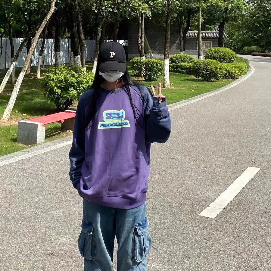Female American Hiphop Color Contrast Patchwork Sweater Top