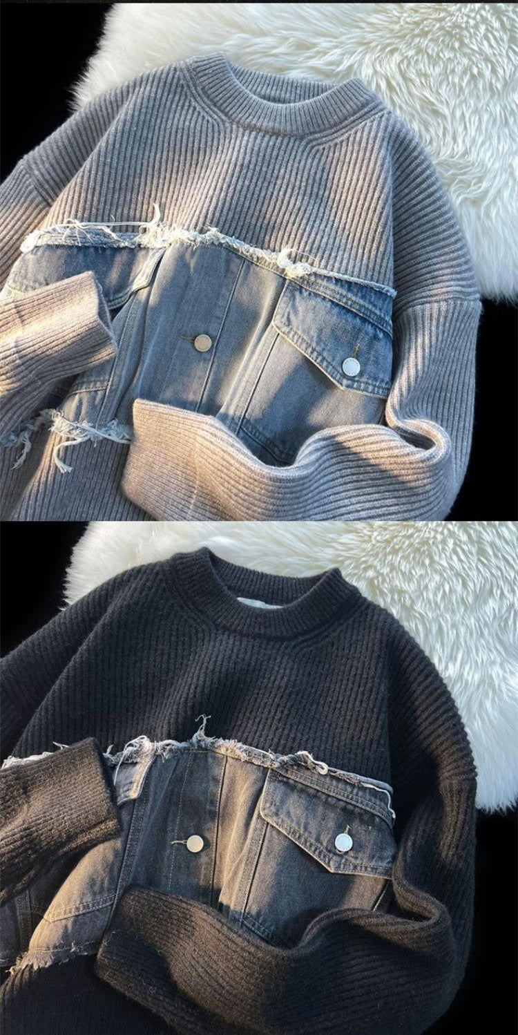 Denim Splicing Knitwear Male Early Autumn Sweater