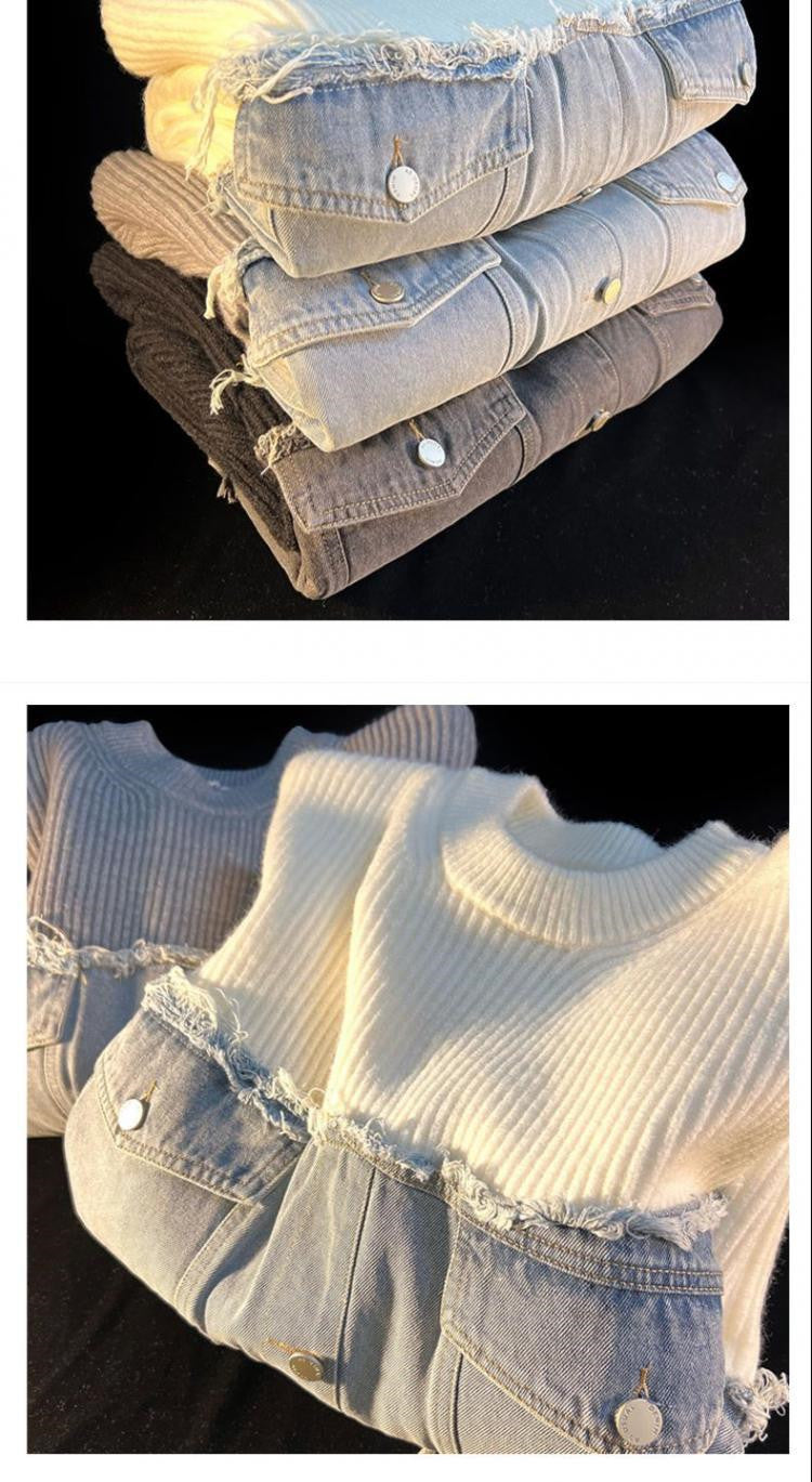 Denim Splicing Knitwear Male Early Autumn Sweater