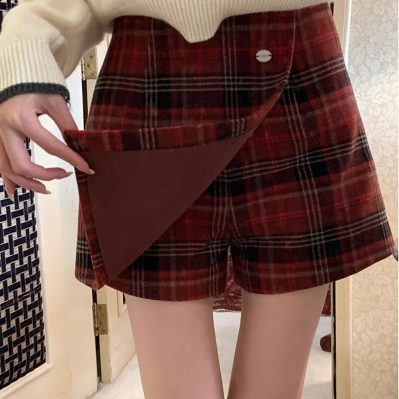 Red Plaid Skirt Women's Autumn And Winter American Retro A- Line Skirt Woolen Culottes