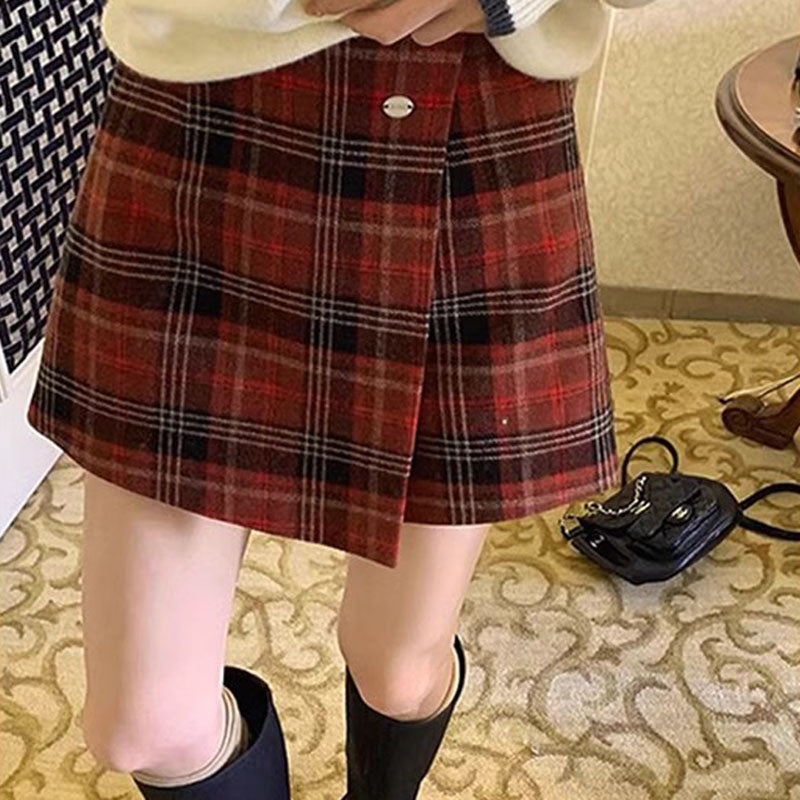 Red Plaid Skirt Women's Autumn And Winter American Retro A- Line Skirt Woolen Culottes