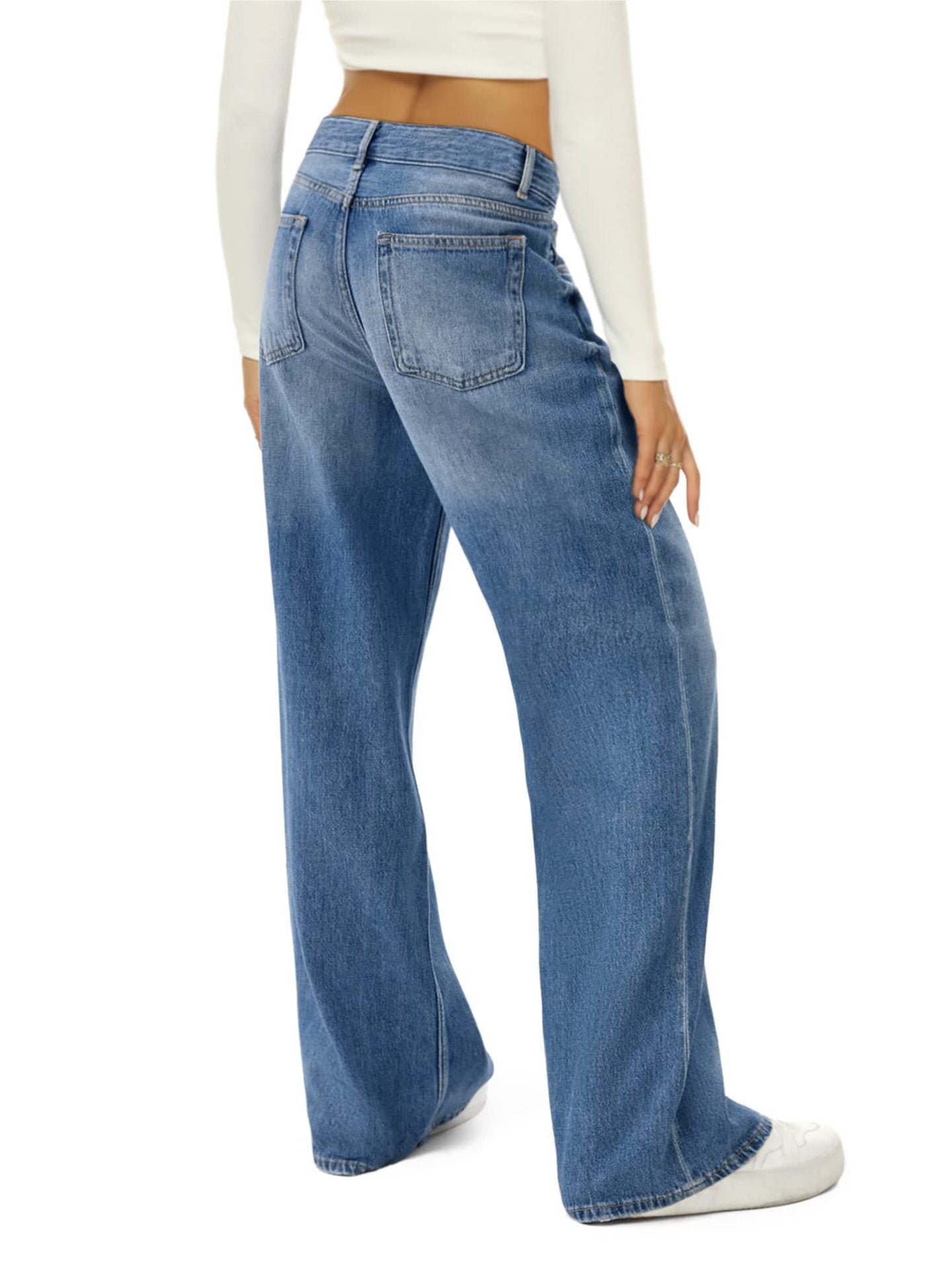 Dame Løse Jeans med Brede Ben Ensfarvede Afslappede Alsidige Denim Bukser