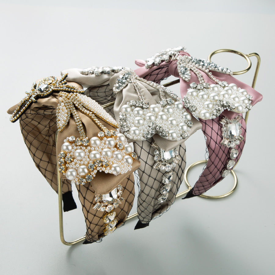 Baroque Fabric Bow Full Diamond Pearl Headband