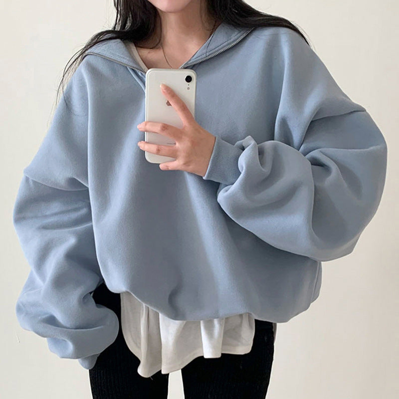 reducing Sailor Collar Loose Leisure All-matching Solid Color Long Sleeve Pullover Hoodie Women