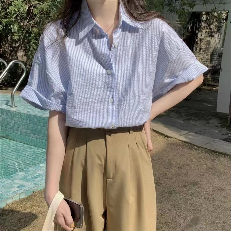 Women's Short-sleeve Blue Striped Shirt