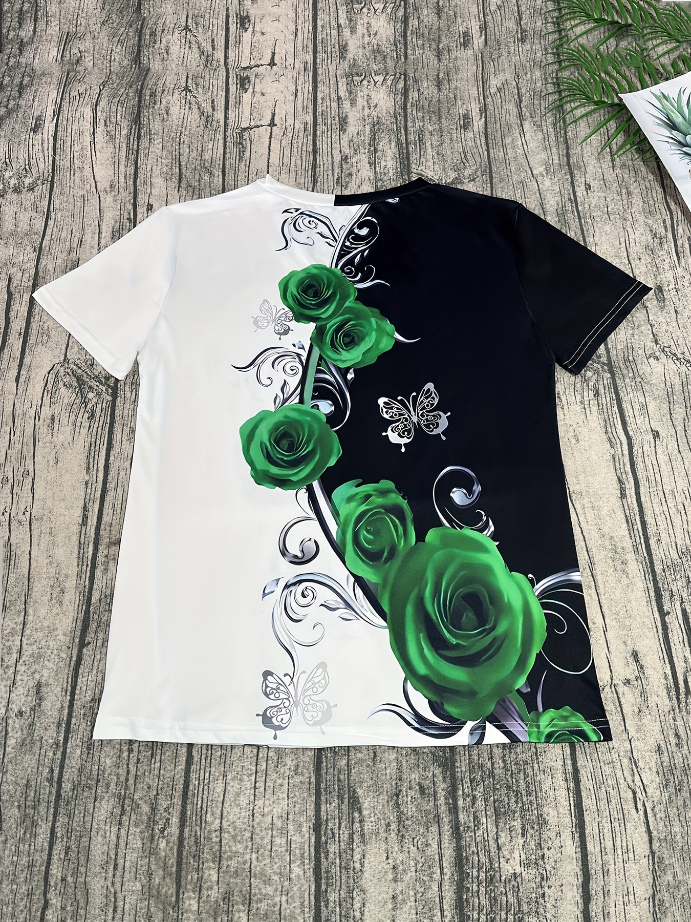 Elegant V-neck Rose Butterfly Printed Short Sleeved T-shirt