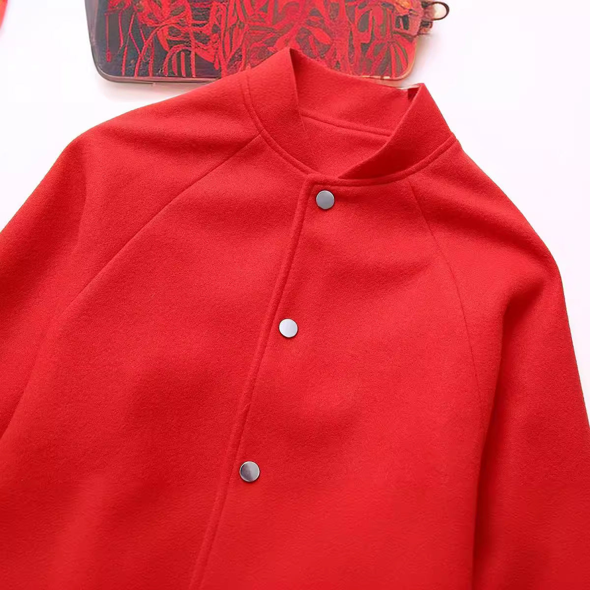 Red Stand-up Collar Fashion Casual Woolen Baseball Uniform Jacket