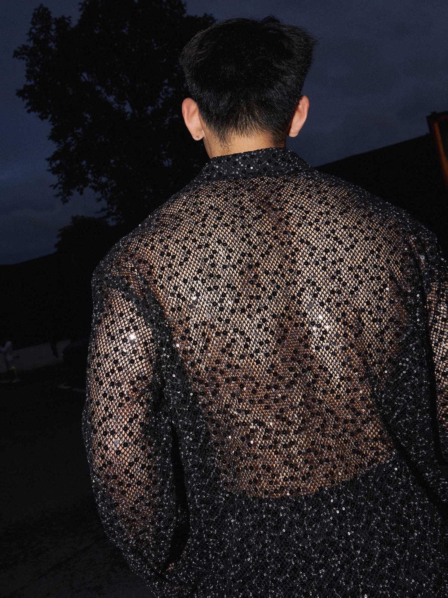 Silver Paillette Hollow-out Long-sleeved Shirt For Men