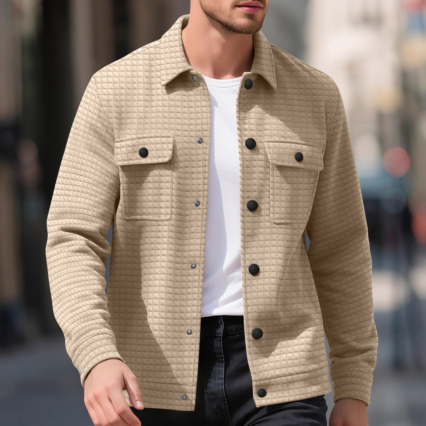 Casual Jacquard Checkered Loose Knit Work Shirt For Men