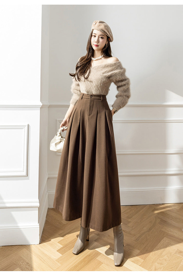 High Waist Korean Style Large Swing Pleated Slimming Woolen Long Skirt