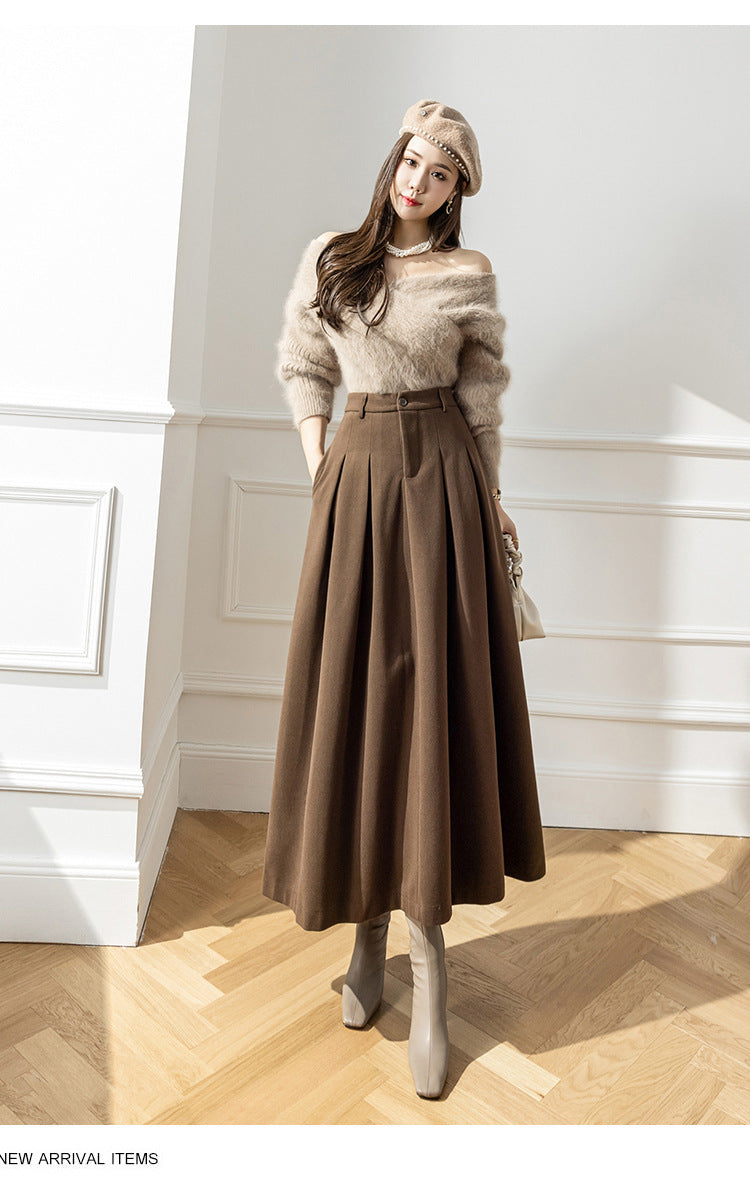 High Waist Korean Style Large Swing Pleated Slimming Woolen Long Skirt