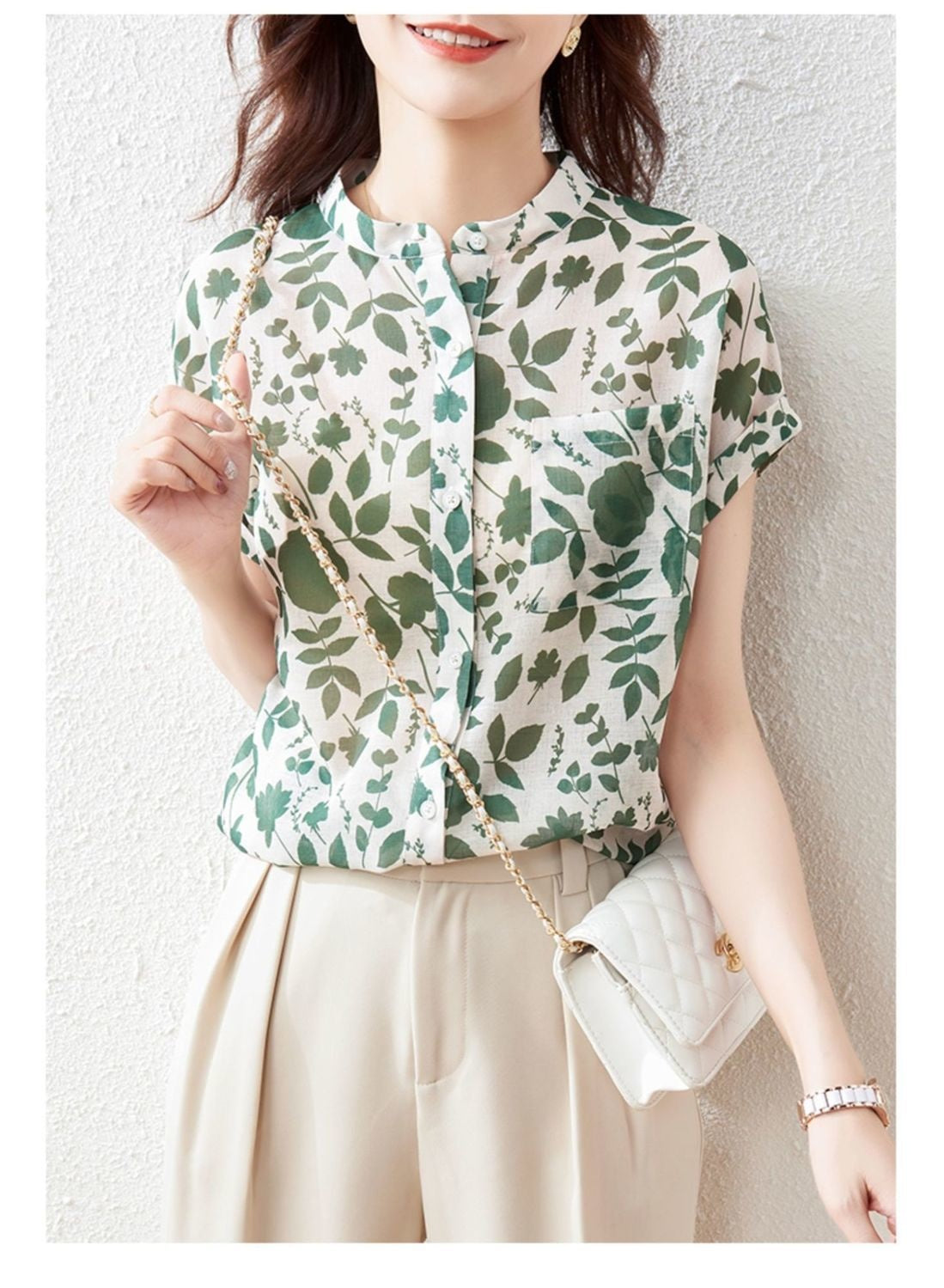 Chiffonbluse, kortærmet blomstret top til kvinder, moderigtig, stilfuld fransk printet bluse, tynd