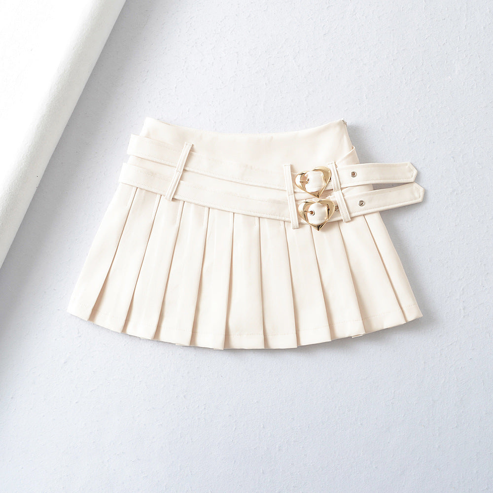 College Style Age-reducing Double Waist Heart Buckle Skirt