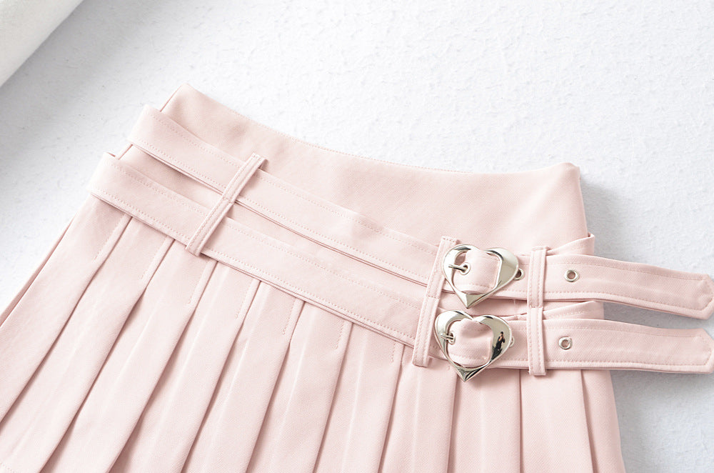 College Style Age-reducing Double Waist Heart Buckle Skirt