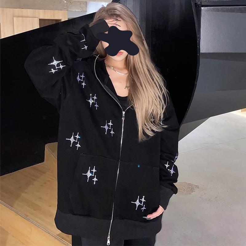 Løs XINGX Rhinestone Hættetrøje med Lynlås