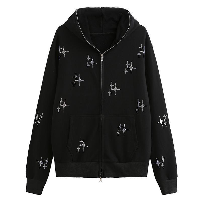 Løs XINGX Rhinestone Hættetrøje med Lynlås