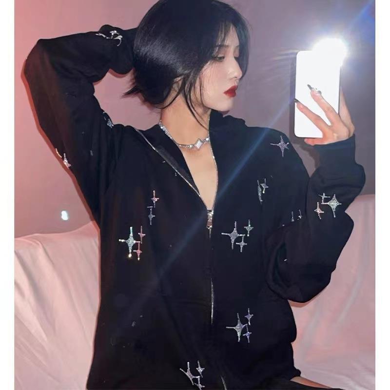Løs XINGX Rhinestone Hættetrøje med Lynlås