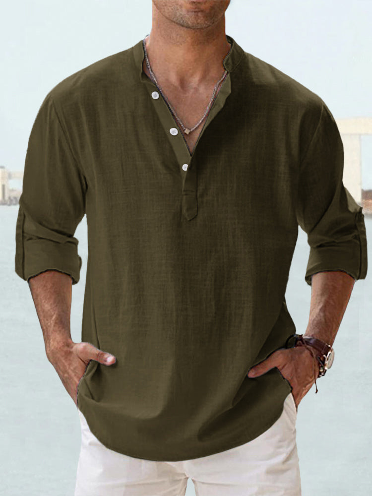 Casual Loose Lapel Cotton Long Sleeve Solid Color Men's Shirt