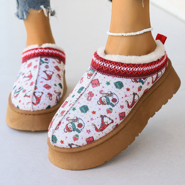 Women's Shoes Cartoon Pattern Thick Bottom Plush Low Top Toe Cap Lazy Slippers
