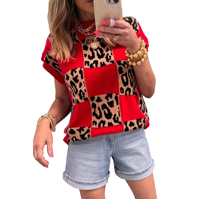 Pullover Knit Top A Bold, Avant-garde Leopard-print Colorblock Sweater