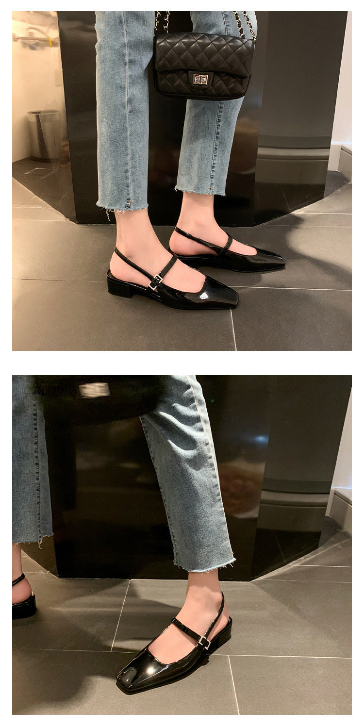 French Square Toe Mary Jane Shoes Rhinestone Square Buckle Chunky Heel