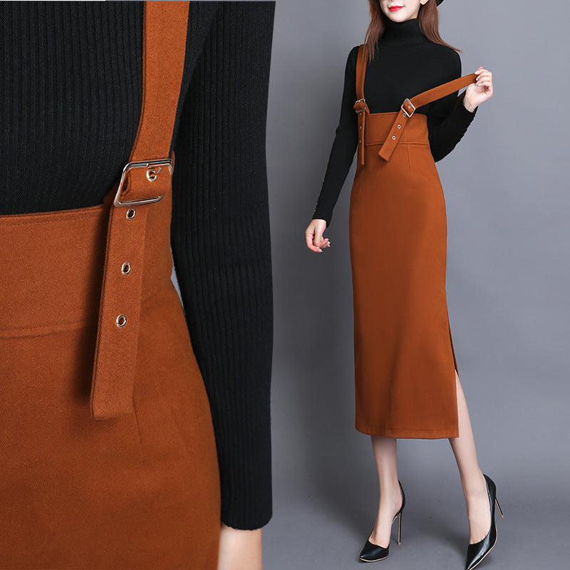 Women's Fashion Woolen Solid Color Suspender Skirt