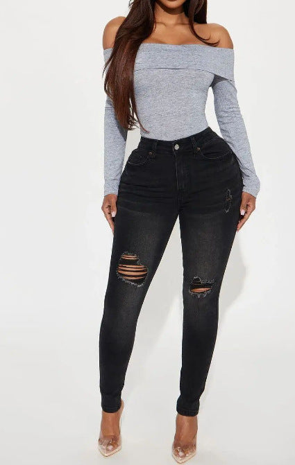 New Retro Black Straight-leg High-waist Jeans