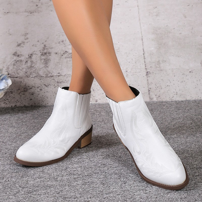 Women's Martin Vintage Pointed Toe Chunky Heel Embroidered Ankle Boots